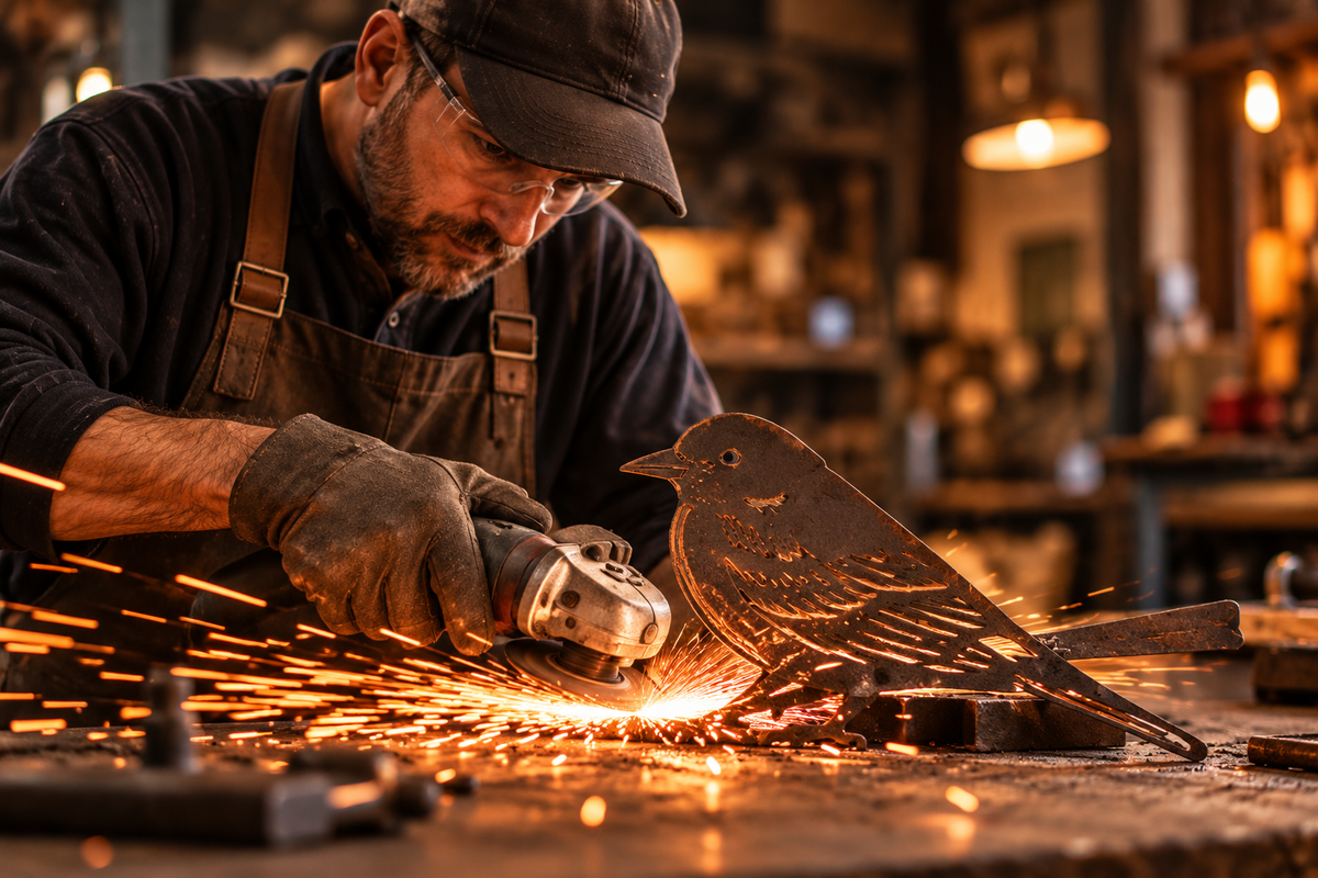 Craftsman grinding a steel bird silhouette, sparks flying